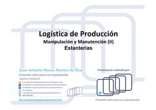 Logística de Producción
Manipulación y Manutención (II)
Estanterías
http://creandovalorparasuorganizacion.es.tl/
Presentación realizada por:
 