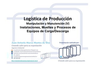 Logística de Producción
Manipulación y Manutención (V)
Instalaciones, Muelles y Procesos de
Equipos de Carga/Descarga
http://creandovalorparasuorganizacion.es.tl/
Presentación realizada por:
 