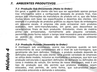 7.   AMBIENTES PRODUTIVOS
                7.1- Produção Sob Encomenda (Make to Order)
                Em geral, o pedido do cliente não tem que ser aguardado apenas porque
                traz informações sobre a configuração desejada do produto final, mas
                porque traz informações da manufatura do produto em si, que são feitas
                muitas vezes com base nas especificações e desenhos dos clientes. Um
                exemplo é a produção de produtos gráficos ou alguns tipos de embalagens
                em pequena escala. A empresa não pode armazenar nem produtos
                acabados, nem semi-manufaturados, em geral, pois desconhece as
                características finais do bem produzido. Entretanto, níveis de matéria
                prima são armazenadas, normalmente pela pequena variedade,
                permitindo desta forma reduzir o tempo total necessário para atendimento
                ao pedido do cliente (prazos são determinantes neste ambiente
                produtivo).

                7.2- Produção Puxada (Assembly to Order)
                A montagem sob encomenda, ocorre nas empresas quando se tem
                conhecimento de seus componentes até o nível de sub-montagens, que
Módulo 4




                geralmente são bem definidos. Contudo, o produto acabado depende de
                definições específicas de cada cliente. Uma grande variedade de empresas
                se utiliza deste modelo, inclusive as montadoras e autopeças, que tem sua
                produção estruturada e aguardam definições da demanda ou definições de
                cores e modelos do veículo. Em termos de nossa abordagem, esse é um
                tipo de produção que não permite que produtos acabados sejam
                estocados, mas permite, de certa forma, que sub-produtos sejam
                produzidos antevendo a demanda e estocados.
 