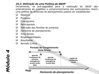 10.2- Definição de uma Política de S&OP
           Inicialmente, os pré-requisitos para a realização do S&OP são:
           entendimento do processo e comprometimento dos participantes. Assim,
           uma política de diretrizes de planejamento poderá ser estabelecida:
            Objetivo
            Processo
            Cronograma
            Participantes
            Definição das famílias de produtos
            Horizonte de planejamento
            Time fences
            Responsabilidades
            Resultados
            Revisão Crítica
                      Período de Congelamento
                            (time fence)
Módulo 4




                         apenas A                    B
                      mudanças de       apenas
                                                         região de
                        extrema      mudanças de
                                                         mudanças
                       emergência    emergência
                                                           livres
                      (custo muito    (custo alto)
                          alto)


                   Hoje
                                Horizonte de planejamento
 