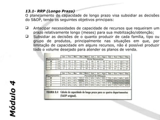 13.1- RRP (Longo Prazo)
           O planejamento de capacidade de longo prazo visa subsidiar as decisões
           do S&OP, tendo os seguintes objetivos principais:

              Antecipar necessidades de capacidade de recursos que requeiram um
               prazo relativamente longo (meses) para sua mobilização/obtenção;
              Subsidiar as decisões de o quanto produzir de cada família, tipo ou
               grupo de produtos, principalmente nas situações em que, por
               limitação de capacidade em alguns recursos, não é possível produzir
               todo o volume desejado para atender os planos de venda.
Módulo 4
 