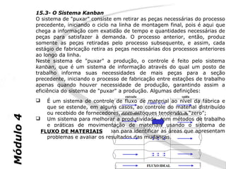 15.3- O Sistema Kanban
           O sistema de "puxar" consiste em retirar as peças necessárias do processo
           precedente, iniciando o ciclo na linha de montagem final, pois é aqui que
           chega a informação com exatidão de tempo e quantidades necessárias de
           peças para satisfazer à demanda. O processo anterior, então, produz
           somente as peças retiradas pelo processo subsequente, e assim, cada
           estágio de fabricação retira as peças necessárias dos processos anteriores
           ao longo da linha.
           Neste sistema de "puxar" a produção, o controle é feito pelo sistema
           kanban, que é um sistema de informação através do qual um posto de
           trabalho informa suas necessidades de mais peças para a seção
           precedente, iniciando o processo de fabricação entre estações de trabalho
           apenas quando houver necessidade de produção, garantindo assim a
           eficiência do sistema de "puxar" a produção. Algumas definições:
             É um sistema de controle de fluxo de material ao nível da fábrica e
              que se estende, em alguns casos, ao controle do material distribuído
              ou recebido de fornecedores, com estoques tendendo a “zero”;
Módulo 4




            Um sistema para melhorar a produtividade, com métodos de trabalho
              e práticas de movimentação de materiais usando o sistema de
            FLUXO DE de material Kanban para identificar as áreas que apresentam
              controle MATERIAIS
              problemas e avaliar os resultados das mudanças.
 