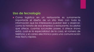 Uso de tecnología


Como logística en un restaurante es sumamente
importante el diseño de un sitio Web con toda la
información que los interesados puedan leer y observar,
como la historia de esa empresa y restaurante, los platos
que ofrece, cuantas sucursales posee, si ofrece shows
extra, cual es la especialidad de la casa, el número de
teléfono y el correo electrónico para una comunicación
más fácil y rápida.

 