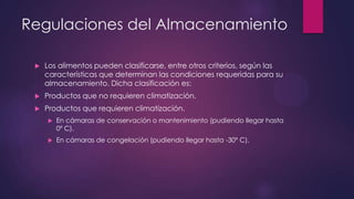 Regulaciones del Almacenamiento


Los alimentos pueden clasificarse, entre otros criterios, según las
características que determinan las condiciones requeridas para su
almacenamiento. Dicha clasificación es:



Productos que no requieren climatización.



Productos que requieren climatización.


En cámaras de conservación o mantenimiento (pudiendo llegar hasta
0º C).



En cámaras de congelación (pudiendo llegar hasta -30º C).

 