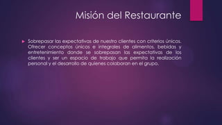 Misión del Restaurante


Sobrepasar las expectativas de nuestro clientes con criterios únicos.
Ofrecer conceptos únicos e integrales de alimentos, bebidas y
entretenimiento donde se sobrepasan las expectativas de los
clientes y ser un espacio de trabajo que permita la realización
personal y el desarrollo de quienes colaboran en el grupo.

 