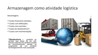 Armazenagem como atividade logística
Desvantagens:
 Custos financeiros elevados;
 Custos com edificações;
 Custos com controles;
 Custos de obsolescência*;
 Custos com movimentações.
*Obsolescência = produto ou
serviço que deixa de ser útil,
mesmo estando em perfeito estado
de funcionamento, devido ao
surgimento de um produto
tecnologicamente mais avançado.
 