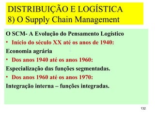 DISTRIBUIÇÃO E LOGÍSTICA
8) O Supply Chain Management
O SCM- A Evolução do Pensamento Logístico
• Início do século XX até os anos de 1940:
Economia agrária
• Dos anos 1940 até os anos 1960:
Especialização das funções segmentadas.
• Dos anos 1960 até os anos 1970:
Integração interna – funções integradas.


                                             132
 
