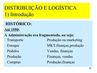 DISTRIBUIÇÃO E LOGÍSTICA
1) Introdução
HISTÓRICO:
Até 1950:
A Administração era fragmentada, ou seja:
 Transporte             Produção ou marketing
 Estoque                MKT,finanças,produção
 Pedidos                Vendas, finanças
 Produção               Finanças, vendas
 Compras                Produção,finanças
                                                20
 