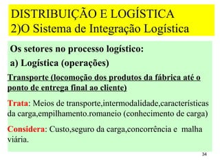 DISTRIBUIÇÃO E LOGÍSTICA
 2)O Sistema de Integração Logística
Os setores no processo logístico:
a) Logística (operações)
Transporte (locomoção dos produtos da fábrica até o
ponto de entrega final ao cliente)
Trata: Meios de transporte,intermodalidade,características
da carga,empilhamento.romaneio (conhecimento de carga)
Considera: Custo,seguro da carga,concorrência e malha
viária.
                                                        34
 