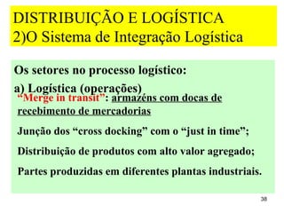 DISTRIBUIÇÃO E LOGÍSTICA
2)O Sistema de Integração Logística

Os setores no processo logístico:
a) Logística (operações)
“Merge in transit”: armazéns com docas de
recebimento de mercadorias
Junção dos “cross docking” com o “just in time”;
Distribuição de produtos com alto valor agregado;
Partes produzidas em diferentes plantas industriais.

                                                    38
 