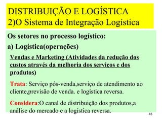 DISTRIBUIÇÃO E LOGÍSTICA
2)O Sistema de Integração Logística
Os setores no processo logístico:
a) Logística(operações)
Vendas e Marketing (Atividades da redução dos
custos através da melhoria dos serviços e dos
produtos)
Trata: Serviço pós-venda,serviço de atendimento ao
cliente,previsão de venda. e logística reversa.
Considera:O canal de distribuição dos produtos,a
análise do mercado e a logística reversa.            45
 