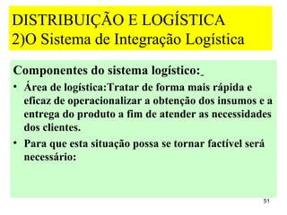 DISTRIBUIÇÃO E LOGÍSTICA
2)O Sistema de Integração Logística
Componentes do sistema logístico:
• Área de logística:Tratar de forma mais rápida e
  eficaz de operacionalizar a obtenção dos insumos e a
  entrega do produto a fim de atender as necessidades
  dos clientes.
• Para que esta situação possa se tornar factível será
  necessário:


                                                    51
 
