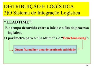 DISTRIBUIÇÃO E LOGÍSTICA
2)O Sistema de Integração Logística
“LEADTIME”:
É o tempo decorrido entre o início e o fim do processo
  logístico.
O parâmetro para o “Leadtime” é o “Benchmarking”.


      Quem faz melhor uma determinada atividade



                                                    54
 