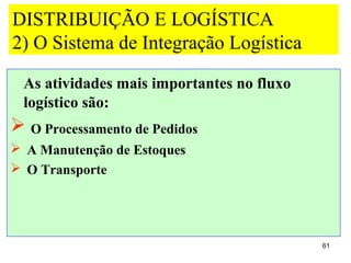DISTRIBUIÇÃO E LOGÍSTICA
2) O Sistema de Integração Logística

 As atividades mais importantes no fluxo
 logístico são:
 O Processamento de Pedidos
 A Manutenção de Estoques
 O Transporte




                                           61
 
