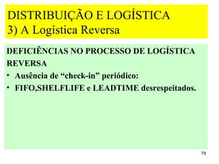 DISTRIBUIÇÃO E LOGÍSTICA
3) A Logística Reversa
DEFICIÊNCIAS NO PROCESSO DE LOGÍSTICA
REVERSA
• Ausência de “check-in” periódico:
• FIFO,SHELFLIFE e LEADTIME desrespeitados.




                                              79
 