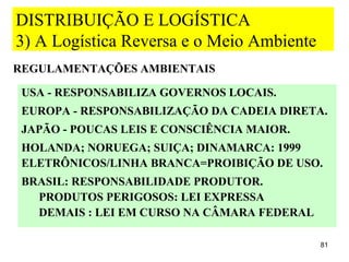 DISTRIBUIÇÃO E LOGÍSTICA
3) A Logística Reversa e o Meio Ambiente
REGULAMENTAÇÕES AMBIENTAIS

 USA - RESPONSABILIZA GOVERNOS LOCAIS.
 EUROPA - RESPONSABILIZAÇÃO DA CADEIA DIRETA.
 JAPÃO - POUCAS LEIS E CONSCIÊNCIA MAIOR.
 HOLANDA; NORUEGA; SUIÇA; DINAMARCA: 1999
 ELETRÔNICOS/LINHA BRANCA=PROIBIÇÃO DE USO.
 BRASIL: RESPONSABILIDADE PRODUTOR.
   PRODUTOS PERIGOSOS: LEI EXPRESSA
   DEMAIS : LEI EM CURSO NA CÂMARA FEDERAL

                                             81
 