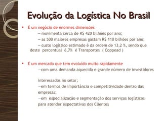 Evolução da Logística No Brasil É um negócio de enormes dimensões movimenta cerca de R$ 420 bilhões por ano; as 500 maiores empresas gastam R$ 110 bilhões por ano; custo logístico estimado é da ordem de 13,2 %, sendo que deste  percentual  6,7%  é Transportes  ( Coppead ) É um mercado que tem evoluído muito rapidamente com uma demanda aquecida e grande número de investidores  interessados no setor;  em termos de importância e competitividade dentro das  empresas; em  especialização e segmentação dos serviços logísticos  para atender expectativas dos Clientes 