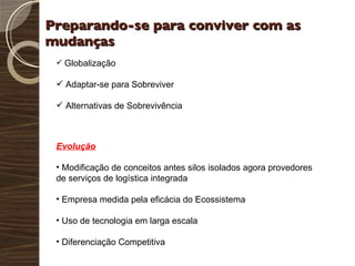 Preparando-se para conviver com as mudanças  Globalização Adaptar-se para Sobreviver Alternativas de Sobrevivência Evolução Modificação de conceitos antes silos isolados agora provedores de serviços de logística integrada Empresa medida pela eficácia do Ecossistema Uso de tecnologia em larga escala Diferenciação Competitiva 