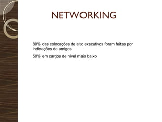 NETWORKING 80% das colocações de alto executivos foram feitas por indicações de amigos 50% em cargos de nível mais baixo 