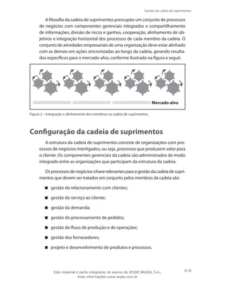Gestão da cadeia de suprimentos
55
A filosofia da cadeia de suprimentos pressupõe um conjunto de processos
de negócios com componentes gerenciais integrados e compartilhamento
de informações, divisão de riscos e ganhos, cooperação, alinhamento de ob-
jetivos e integração horizontal dos processos de cada membro da cadeia. O
conjunto de atividades empresariais de uma organização deve estar alinhado
com as demais em ações sincronizadas ao longo da cadeia, gerando resulta-
dos específicos para o mercado-alvo, conforme ilustrado na figura a seguir.
Mercado-alvo
Figura 2 – Integração e alinhamento dos membros na cadeia de suprimentos.
Configuração da cadeia de suprimentos
A estrutura da cadeia de suprimentos consiste de organizações com pro-
cessos de negócios interligados, ou seja, processos que produzem valor para
o cliente. Os componentes gerenciais da cadeia são administrados de modo
integrado entre as organizações que participam da estrutura da cadeia.
Osprocessosdenegócios-chaverelevantesparaagestãodacadeiadesupri-
mentos que devem ser tratados em conjunto pelos membros da cadeia são:
gestão do relacionamento com clientes;
gestão do serviço ao cliente;
gestão da demanda;
gestão do processamento de pedidos;
gestão do fluxo de produção e de operações;
gestão dos fornecedores;
projeto e desenvolvimento de produtos e processos.
Este material é parte integrante do acervo do IESDE BRASIL S.A.,
mais informações www.iesde.com.br
 