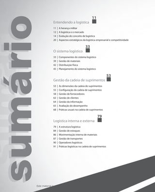 sumáriosumáriosumário Entendendo a logística
11
11 | A herança militar
12 | A logística e o mercado
14 | Evolução do conceito de logística
20 | Aspectos estratégicos da logística empresarial e competitividade
O sistema logístico
33
33 | Componentes do sistema logístico
39 | Gestão de materiais
42 | Distribuição física
45 | Planejamento do sistema logístico
Gestão da cadeia de suprimentos
53
53 | As dimensões da cadeia de suprimentos
55 | Configuração da cadeia de suprimentos
58 | Gestão de fornecedores
62 | Gestão de clientes
64 | Gestão da informação
65 | Avaliação do desempenho
68 | Práticas usuais na cadeia de suprimentos
Logística interna e externa
79
79 | A estrutura logística
84 | Gestão de estoques
86 | Movimentação interna de materiais
87 | Gestão de transportes
90 | Operadores logísticos
91 | Práticas logísticas na cadeia de suprimentos
Este material é parte integrante do acervo do IESDE BRASIL S.A.,
mais informações www.iesde.com.br
 