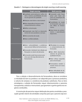 Gestão da cadeia de suprimentos
61
Quadro 1 –Vantagens e desvantagens do single-sourcingemulti-sourcing
Single-sourcing Multi-sourcing
(SLACK,2007,p.310.Adaptado.)
Vantagens
Qualidade potencialmente melhor de-
vido a maiores possibilidades de siste-
mas de garantia de qualidade.
Relações mais fortes e mais duráveis.
Maior dependência favorece maior
comprometimento e esforço.
Melhor comunicação.
Cooperação mais fácil no desenvolvi-
mento de novos produtos e serviços.
Mais economias de escala.
Maior confidencialidade.
Comprador pode forçar
preço para baixo por
meio da competição dos
fornecedores.
Possibilidade de mudar
de fornecedor caso ocor-
ram falhas no forneci-
mento.
Várias fontes de conheci-
mento e especialização
disponíveis.
Desvantagens
Maior vulnerabilidade a problemas,
caso ocorram falhas do fornecimento.
Fornecedor individual mais afetado por
flutuações no volume de demanda.
Fornecedor pode forçar preços para
cima caso não haja alternativas de
fornecimento.
Dificuldade de encorajar
o comprometimento do
fornecedor.
Mais difícil desenvolver
sistemas de garantia da
qualidade eficazes.
Maior esforço requerido
para comunicação.
Fornecedores tendem a
investir menos em novos
processos.
Maior dificuldade de ob-
ter economias de escala.
Para a seleção e desenvolvimento de fornecedores, deve-se considerar
a criticidade do item ou produto a ser adquirido para o processo produtivo,
o volume de compras e a existência de produtos substitutos. Para os itens
estratégicos, a seleção do fornecedor requer relacionamentos e parcerias
transparentes, estáveis e mensuráveis, que garantam o ganha-ganha nos ne-
gócios conduzidos.
A construção de parcerias requer dedicação das partes envolvidas e pres-
supõe grande volume de atividades conjuntas para que a parceria seja eco-
Este material é parte integrante do acervo do IESDE BRASIL S.A.,
mais informações www.iesde.com.br
 