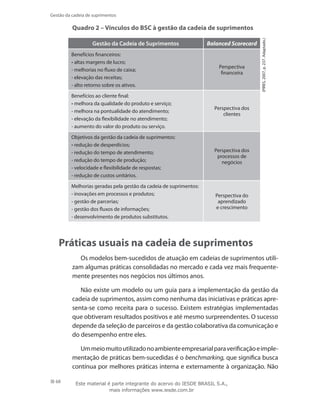 68
Gestão da cadeia de suprimentos
Quadro 2 – Vínculos do BSC à gestão da cadeia de suprimentos
Gestão da Cadeia de Suprimentos Balanced Scorecard
(PIRES,2007,p.237.Adaptado.)
Benefícios financeiros:
- altas margens de lucro;
- melhorias no fluxo de caixa;
- elevação das receitas;
- alto retorno sobre os ativos.
Perspectiva
financeira
Benefícios ao cliente final:
- melhora da qualidade do produto e serviço;
- melhora na pontualidade do atendimento;
- elevação da flexibilidade no atendimento;
- aumento do valor do produto ou serviço.
Perspectiva dos
clientes
Objetivos da gestão da cadeia de suprimentos:
- redução de desperdícios;
- redução do tempo de atendimento;
- redução do tempo de produção;
- velocidade e flexibilidade de respostas;
- redução de custos unitários.
Perspectiva dos
processos de
negócios
Melhorias geradas pela gestão da cadeia de suprimentos:
- inovações em processos e produtos;
- gestão de parcerias;
- gestão dos fluxos de informações;
- desenvolvimento de produtos substitutos.
Perspectiva do
aprendizado
e crescimento
Práticas usuais na cadeia de suprimentos
Os modelos bem-sucedidos de atuação em cadeias de suprimentos utili-
zam algumas práticas consolidadas no mercado e cada vez mais frequente-
mente presentes nos negócios nos últimos anos.
Não existe um modelo ou um guia para a implementação da gestão da
cadeia de suprimentos, assim como nenhuma das iniciativas e práticas apre-
senta-se como receita para o sucesso. Existem estratégias implementadas
que obtiveram resultados positivos e até mesmo surpreendentes. O sucesso
depende da seleção de parceiros e da gestão colaborativa da comunicação e
do desempenho entre eles.
Ummeiomuitoutilizadonoambienteempresarialparaverificaçãoeimple-
mentação de práticas bem-sucedidas é o benchmarking, que significa busca
contínua por melhores práticas interna e externamente à organização. Não
Este material é parte integrante do acervo do IESDE BRASIL S.A.,
mais informações www.iesde.com.br
 