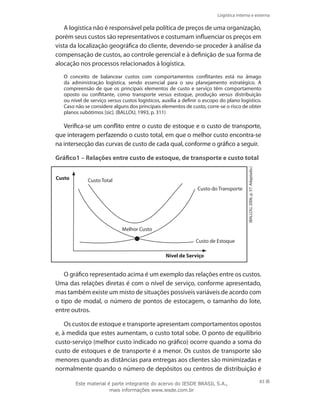 Logística interna e externa
83
A logística não é responsável pela política de preços de uma organização,
porém seus custos são representativos e costumam influenciar os preços em
vista da localização geográfica do cliente, devendo-se proceder à análise da
compensação de custos, ao controle gerencial e à definição de sua forma de
alocação nos processos relacionados à logística.
O conceito de balancear custos com comportamentos conflitantes está no âmago
da administração logística, sendo essencial para o seu planejamento estratégico. A
compreensão de que os principais elementos de custo e serviço têm comportamento
oposto ou conflitante, como transporte versus estoque, produção versus distribuição
ou nível de serviço versus custos logísticos, auxilia a definir o escopo do plano logístico.
Caso não se considere alguns dos principais elementos de custo, corre-se o risco de obter
planos subótimos [sic]. (BALLOU, 1993, p. 311)
Verifica-se um conflito entre o custo de estoque e o custo de transporte,
que interagem perfazendo o custo total, em que o melhor custo encontra-se
na intersecção das curvas de custo de cada qual, conforme o gráfico a seguir.
Gráfico1 – Relações entre custo de estoque, de transporte e custo total
(BALLOU,2006,p.57.Adaptado.)
Custo Total
Custo do Transporte
Melhor Custo
Custo de Estoque
Custo
Nível de Serviço
O gráfico representado acima é um exemplo das relações entre os custos.
Uma das relações diretas é com o nível de serviço, conforme apresentado,
mas também existe um misto de situações possíveis variáveis de acordo com
o tipo de modal, o número de pontos de estocagem, o tamanho do lote,
entre outros.
Os custos de estoque e transporte apresentam comportamentos opostos
e, à medida que estes aumentam, o custo total sobe. O ponto de equilíbrio
custo-serviço (melhor custo indicado no gráfico) ocorre quando a soma do
custo de estoques e de transporte é a menor. Os custos de transporte são
menores quando as distâncias para entregas aos clientes são minimizadas e
normalmente quando o número de depósitos ou centros de distribuição é
Este material é parte integrante do acervo do IESDE BRASIL S.A.,
mais informações www.iesde.com.br
 