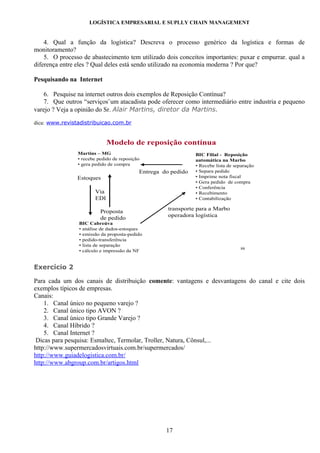 LOGÍSTICA EMPRESARIAL E SUPLLY CHAIN MANAGEMENT


    4. Qual a função da logística? Descreva o processo genérico da logística e formas de
monitoramento?
    5. O processo de abastecimento tem utilizado dois conceitos importantes: puxar e empurrar. qual a
diferença entre eles ? Qual deles está sendo utilizado na economia moderna ? Por que?

Pesquisando na Internet

    6. Pesquise na internet outros dois exemplos de Reposição Contínua?
    7. Que outros “serviços¨um atacadista pode oferecer como intermediário entre industria e pequeno
varejo ? Veja a opinião do Sr. Alair Martins, diretor da Martins.

dica: www.revistadistribuicao.com.br


                             Modelo de reposição contínua
                Martins – MG                                   BIC Filial - Reposição
                • recebe pedido de reposição                   automática na Marbo
                • gera pedido de compra                        • Recebe lista de separação
                                           Entrega do pedido   • Separa pedido
                Estoques                                       • Imprime nota fiscal
                                                               • Gera pedido de compra
                                                               • Conferência
                       Via                                     • Recebimento
                       EDI                                     • Contabilização

                          Proposta                   transporte para a Marbo
                          de pedido                  operadora logística
                BIC Cabreúva
                • análise de dados-estoques
                • emissão da proposta-pedido
                • pedido-transferência
                • lista de separação
                                                                                   88
                • cálculo e impressão da NF


Exercício 2

Para cada um dos canais de distribuição comente: vantagens e desvantagens do canal e cite dois
exemplos típicos de empresas.
Canais:
    1. Canal único no pequeno varejo ?
    2. Canal único tipo AVON ?
    3. Canal único tipo Grande Varejo ?
    4. Canal Híbrido ?
    5. Canal Internet ?
 Dicas para pesquisa: Esmaltec, Termolar, Troller, Natura, Cônsul,...
http://www.supermercadosvirtuais.com.br/supermercados/
http://www.guiadelogistica.com.br/
http://www.abgroup.com.br/artigos.html




                                                    17
 