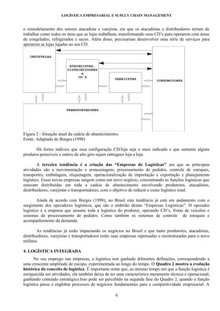 LOGÍSTICA EMPRESARIAL E SUPLLY CHAIN MANAGEMENT


o remodelamento dos setores atacadista e varejista, em que os atacadistas e distribuidores teriam de
trabalhar como todos os itens que as lojas trabalham, transformando seus CD’s para operarem com áreas
de congelados, refrigerados e secos. Além disso, precisariam desenvolver uma série de serviços para
apoiarem as lojas ligadas ao seu CD.

   INDÚSTRIAS


                         ATACADISTAS,
                        DISTRIBUIDORES
                               e
                             CD’S
                                                   VAREJISTAS
                                                                          CONSUMIDORES




                        TRANSPORTADORES




Figura 2 - Situação atual da cadeia de abastecimentos
Fonte: Adaptado de Borges (1998)

       Há fortes indícios que essa configuração CD/loja seja o mais indicado e que somente alguns
produtos perecíveis e outros de alto giro sejam entregues loja a loja.

        A terceira tendência é a criação das “Empresas de Logísticas” em que as principais
atividades são a movimentação e armazenagem, processamento de pedidos, controle de estoques,
transportes, embalagem, etiquetagem, operacionalização de importação e exportação e planejamento
logístico. Essas novas empresas surgem como um novo negócio, concentrando as funções logísticas que
estavam distribuídas em toda a cadeia de abastecimento envolvendo produtores, atacadistas,
distribuidores, varejistas e transportadores, com o objetivo de reduzir o custo logístico total.

        Ainda de acordo com Borges (1998), no Brasil esta tendência já está em andamento com o
surgimento dos operadores logísticos, que são o embrião destas “Empresas Logísticas”. O operador
logístico é a empresa que assume toda a logística do produtor, operando CD’s, frotas de veículos e
sistemas de processamento de pedidos. Como também os sistemas de controle de estoques e
acompanhamento da demanda.

        As tendências já estão impactando os negócios no Brasil e que tanto produtores, atacadistas,
distribuidores, varejistas e transportadores terão suas empresas repensadas e reestruturadas para o novo
milênio.

4. LOGÍSTICA INTEGRADA
      No seu emprego nas empresas, a logística tem ganhado diferentes definições, correspondendo a
uma crescente amplitude de escopo, experimentada ao longo do tempo. O Quadro 2 mostra a evolução
histórica do conceito de logística. É importante notar que, ao mesmo tempo em que a função logística é
enriquecida em atividades, ela também deixa de ter uma característica meramente técnica e operacional,
ganhando conteúdo estratégico.Isso pode ser percebido na segunda fase do Quadro 2, quando a função
logística passa a englobar processos de negócios fundamentais para a competitividade empresarial. A

                                                   9
 
