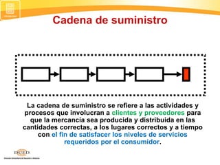 La cadena de suministro se refiere a las actividades y
procesos que involucran a clientes y proveedores para
que la mercancía sea producida y distribuida en las
cantidades correctas, a los lugares correctos y a tiempo
con el fin de satisfacer los niveles de servicios
requeridos por el consumidor.
Cadena de suministro
 