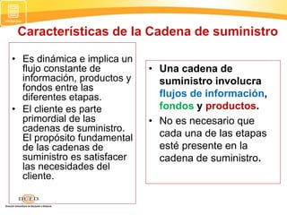 Características de la Cadena de suministro
• Es dinámica e implica un
flujo constante de
información, productos y
fondos entre las
diferentes etapas.
• El cliente es parte
primordial de las
cadenas de suministro.
El propósito fundamental
de las cadenas de
suministro es satisfacer
las necesidades del
cliente.
• Una cadena de
suministro involucra
flujos de información,
fondos y productos.
• No es necesario que
cada una de las etapas
esté presente en la
cadena de suministro.
 