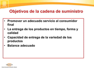 Objetivos de la cadena de suministro
• Promover un adecuado servicio al consumidor
final
• La entrega de los productos en tiempo, forma y
calidad
• Capacidad de entrega de la variedad de los
productos
• Balance adecuado
 