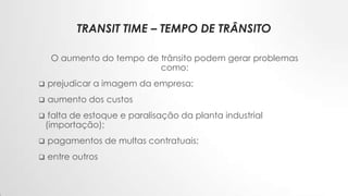 TRANSIT TIME – TEMPO DE TRÂNSITO
O aumento do tempo de trânsito podem gerar problemas
como:
 prejudicar a imagem da empresa;
 aumento dos custos
 falta de estoque e paralisação da planta industrial
(importação);
 pagamentos de multas contratuais;
 entre outros
 