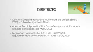 DIRETRIZES
• Convenção para transporte multimodal de cargas (Suíça
1980) – O Brasil é signatário Pleno
• Acordo Parcial para Facilitação do Transporte Multimodal –
Firmado entre países do MERCOSUL
• Legislação nacional – Lei 9.611, de 19/02/1998,
regulamentada pelo Decreto 3.411, de 12/04/2000
 