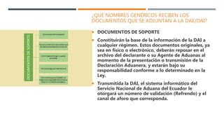 ¿QUÉ NOMBRES GENÉRICOS RECIBEN LOS
DOCUMENTOS QUE SE ADJUNTAN A LA DAE/DAI?
 DOCUMENTOS DE SOPORTE
 Constituirán la base de la información de la DAI a
cualquier régimen. Estos documentos originales, ya
sea en físico o electrónico, deberán reposar en el
archivo del declarante o su Agente de Aduanas al
momento de la presentación o transmisión de la
Declaración Aduanera, y estarán bajo su
responsabilidad conforme a lo determinado en la
Ley.
 Transmitida la DAI, el sistema informático del
Servicio Nacional de Aduana del Ecuador le
otorgará un número de validación (Refrendo) y el
canal de aforo que corresponda.
 