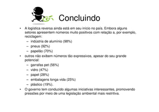 Concluindo
•   A logística reversa ainda está em seu início no país. Embora alguns
    setores apresentem números muito positivos com relação a, por exemplo,
    reciclagem:
     – indústria de alumínio (98%)
     – pneus (92%)
     – papelão (70%)
•   outros não exibem números tão expressivos, apesar do seu grande
    potencial:
     – garrafas pet (56%)
     – vidro (47%)
     – papel (28%)
     – embalagens longa vida (25%)
     – plástico (19%).
•   O governo tem conduzido algumas iniciativas interessantes, promovendo
    pressões por meio de uma legislação ambiental mais restritiva.
 