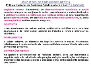 LEI Nº 12.305, DE 2 DDEE AAGGOOSSTTOO DDEE 22001100.. 
PPoollííttiiccaa NNaacciioonnaall ddee RReessíídduuooss SSóólliiddooss ((aalltteerraa aa LLeeii NNº 99..660055//11999988)) 
Logística reversa: instrumento de desenvolvimento econômico e social 
caracterizado por um conjunto de ações, procedimentos e meios destinados 
a viabilizar a coleta e a restituição dos resíduos sólidos ao setor empresarial, 
para reaproveitamento, em seu ciclo ou em outros ciclos produtivos, ou outra 
destinação final ambientalmente adequada; 
OBJETIVOS 
o reconhecimento do resíduo sólido reutilizável e reciclável como um bem 
econômico e de valor social, gerador de trabalho e renda e promotor de 
cidadania; 
INSTRUMENTOS 
a coleta seletiva, os sistemas de logística reversa e outras ferramentas 
relacionadas à implementação da responsabilidade compartilhada pelo ciclo 
de vida dos produtos; 
DISPOSIÇÕES GERAIS 
Na gestão e gerenciamento de resíduos sólidos, deve ser observada a 
seguinte ordem de prioridade: não geração, redução, reutilização, reciclagem, 
tratamento dos resíduos sólidos e disposição final ambientalmente adequada 
dos rejeitos. 
 