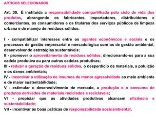 ARTIGOS SELECIONADOS 
Art. 30. É instituída a responsabilidade compartilhada pelo ciclo de vida dos 
produtos, abrangendo os fabricantes, importadores, distribuidores e 
comerciantes, os consumidores e os titulares dos serviços públicos de limpeza 
urbana e de manejo de resíduos sólidos. 
I - compatibilizar interesses entre os agentes econômicos e sociais e os 
processos de gestão empresarial e mercadológica com os de gestão ambiental, 
desenvolvendo estratégias sustentáveis; 
II - promover o aproveitamento de resíduos sólidos, direcionando-os para a sua 
cadeia produtiva ou para outras cadeias produtivas; 
III - reduzir a geração de resíduos sólidos, o desperdício de materiais, a poluição 
e os danos ambientais; 
IV - incentivar a utilização de insumos de menor agressividade ao meio ambiente 
e de maior sustentabilidade; 
V - estimular o desenvolvimento de mercado, a produção e o consumo de 
produtos derivados de materiais reciclados e recicláveis; 
VI - propiciar que as atividades produtivas alcancem eficiência e 
sustentabilidade; 
VII - incentivar as boas práticas de responsabilidade socioambiental. 
 