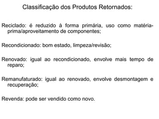 Classificação dos Produtos Retornados: 
Reciclado: é reduzido à forma primária, uso como matéria-prima/ 
aproveitamento de componentes; 
Recondicionado: bom estado, limpeza/revisão; 
Renovado: igual ao recondicionado, envolve mais tempo de 
reparo; 
Remanufaturado: igual ao renovado, envolve desmontagem e 
recuperação; 
Revenda: pode ser vendido como novo. 
 