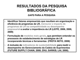 RESULTADOS DA PESQUISA 
BIBLIOGRÁFICA 
GAPS PARA A PESQUISA 
- Identificar fatores empresariais que resultam em organização e 
eficiência de programas de LR, mensurar o impacto de 
programas de LR na competitividade ou desempenho 
empresarial e avaliar a importância da LR (LEITE, 2006, 2008, 
2009) 
- Formulação de modelos mais gerais, que permitam entender os 
processos de estabelecimento de estratégias de LR 
incorporando técnicas e ferramentas (FROTA NETO, 2008) 
- A inclusão de indicadores de sustentabilidade para medir o 
desempenho do Gerenciamento da Cadeia de Suprimentos 
(FUTURE SUPPLY CHAIN, 2008; ZHU; SARKIS; LAI, 2008). 
 