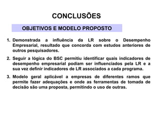 CONCLUSÕES 
OBJETIVOS E MODELO PROPOSTO 
1. Demonstrada a influência da LR sobre o Desempenho 
Empresarial, resultado que concorda com estudos anteriores de 
outros pesquisadores. 
2. Seguir a lógica do BSC permitiu identificar quais indicadores de 
desempenho empresarial podiam ser influenciados pela LR e a 
sua vez definir indicadores de LR associados a cada programa. 
3. Modelo geral aplicável a empresas de diferentes ramos que 
permite fazer adequações e onde as ferramentas de tomada de 
decisão são uma proposta, permitindo o uso de outras. 
 