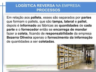 Em relação aos pallets, esses são separados por partes
que formam o pallets, que são tampa, lateral e pallet,
depois é informado as fábricas as quantidades de cada
parte e o fornecedor então se encarrega de mandar
fazer a coleta, ficando de responsabilidade da empresa
Bezerra Oliveira apenas o fornecimento da informação
de quantidades a ser coletadas.
LOGÍSTICA REVERSA NA EMPRESA:
PROCESSOS
 