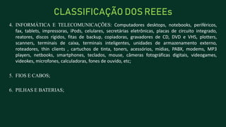 4. INFORMÁTICA E TELECOMUNICAÇÕES: Computadores desktops, notebooks, periféricos,
fax, tablets, impressoras, iPods, celulares, secretárias eletrônicas, placas de circuito integrado,
reatores, discos rígidos, fitas de backup, copiadoras, gravadores de CD, DVD e VHS, plotters,
scanners, terminais de caixa, terminais inteligentes, unidades de armazenamento externo,
roteadores, thin clients , cartuchos de tinta, toners, acessórios, mídias, PABX, modems, MP3
players, netbooks, smartphones, teclados, mouse, câmeras fotográficas digitais, videogames,
videokes, microfones, calculadoras, fones de ouvido, etc;
5. FIOS E CABOS;
6. PILHAS E BATERIAS;
CLASSIFICAÇÃO DOS REEEs
 
