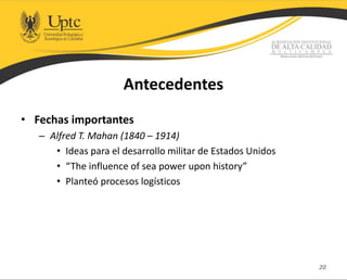 Antecedentes
• Fechas importantes
– Alfred T. Mahan (1840 – 1914)
• Ideas para el desarrollo militar de Estados Unidos
• “The influence of sea power upon history”
• Planteó procesos logísticos
20
 