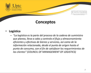 Conceptos
• Logística
– “La logística es la parte del proceso de la cadena de suministro
que planea, lleva a cabo y controla el flujo y almacenamiento
eficientes y efectivos de bienes y servicios, así como de la
información relacionada, desde el punto de origen hasta el
punto de consumo, con el fin de satisfacer los requerimientos de
los clientes” (COUNCIL OF MANAGEMENT OF LOGISTICS)
3
 