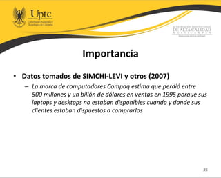 Importancia
• Datos tomados de SIMCHI-LEVI y otros (2007)
– La marca de computadores Compaq estima que perdió entre
500 millones y un billón de dólares en ventas en 1995 porque sus
laptops y desktops no estaban disponibles cuando y donde sus
clientes estaban dispuestos a comprarlos
35
 