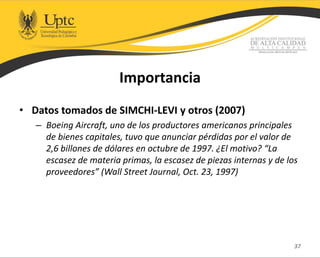 Importancia
• Datos tomados de SIMCHI-LEVI y otros (2007)
– Boeing Aircraft, uno de los productores americanos principales
de bienes capitales, tuvo que anunciar pérdidas por el valor de
2,6 billones de dólares en octubre de 1997. ¿El motivo? “La
escasez de materia primas, la escasez de piezas internas y de los
proveedores” (Wall Street Journal, Oct. 23, 1997)
37
 