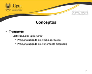 Conceptos
• Transporte
– Actividad más importante
• Producto ubicado en el sitio adecuado
• Producto ubicado en el momento adecuado
9
 