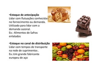 •Estoque de antecipação
Lidar com flutuações conhecidas
no fornecimento ou demanda.
Utilizado para lidar com a
demanda sazonal.
Ex.: Alimentos de Safras
enlatados

•Estoque no canal de distribuição
Lidar com tempos de transporte
na rede de suprimentos .
Ex.:Um grande fabricante
europeu de aço
 
